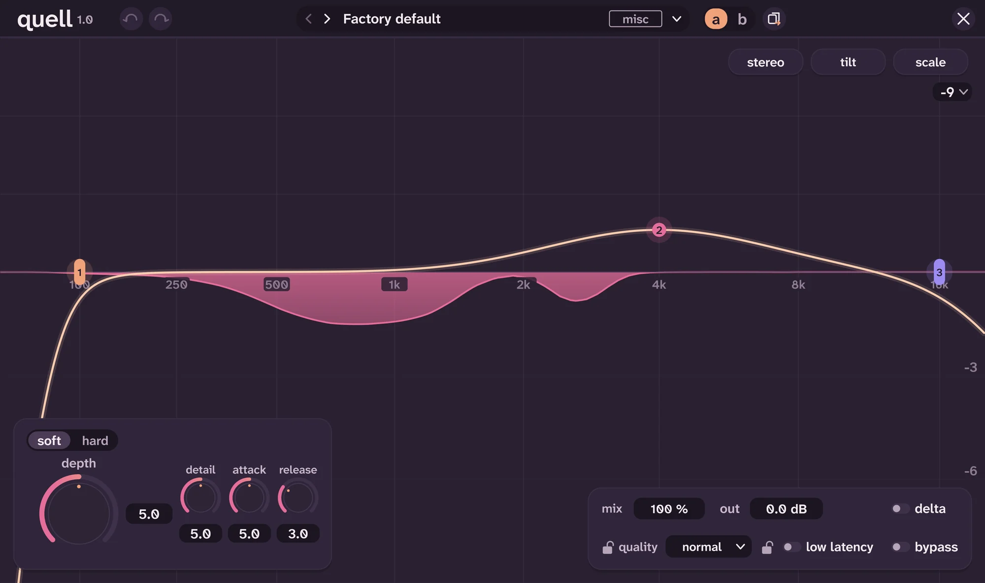 Quell's full-screen editor: the depth curve over the spectrum and the depth, detail, attack and release controls.