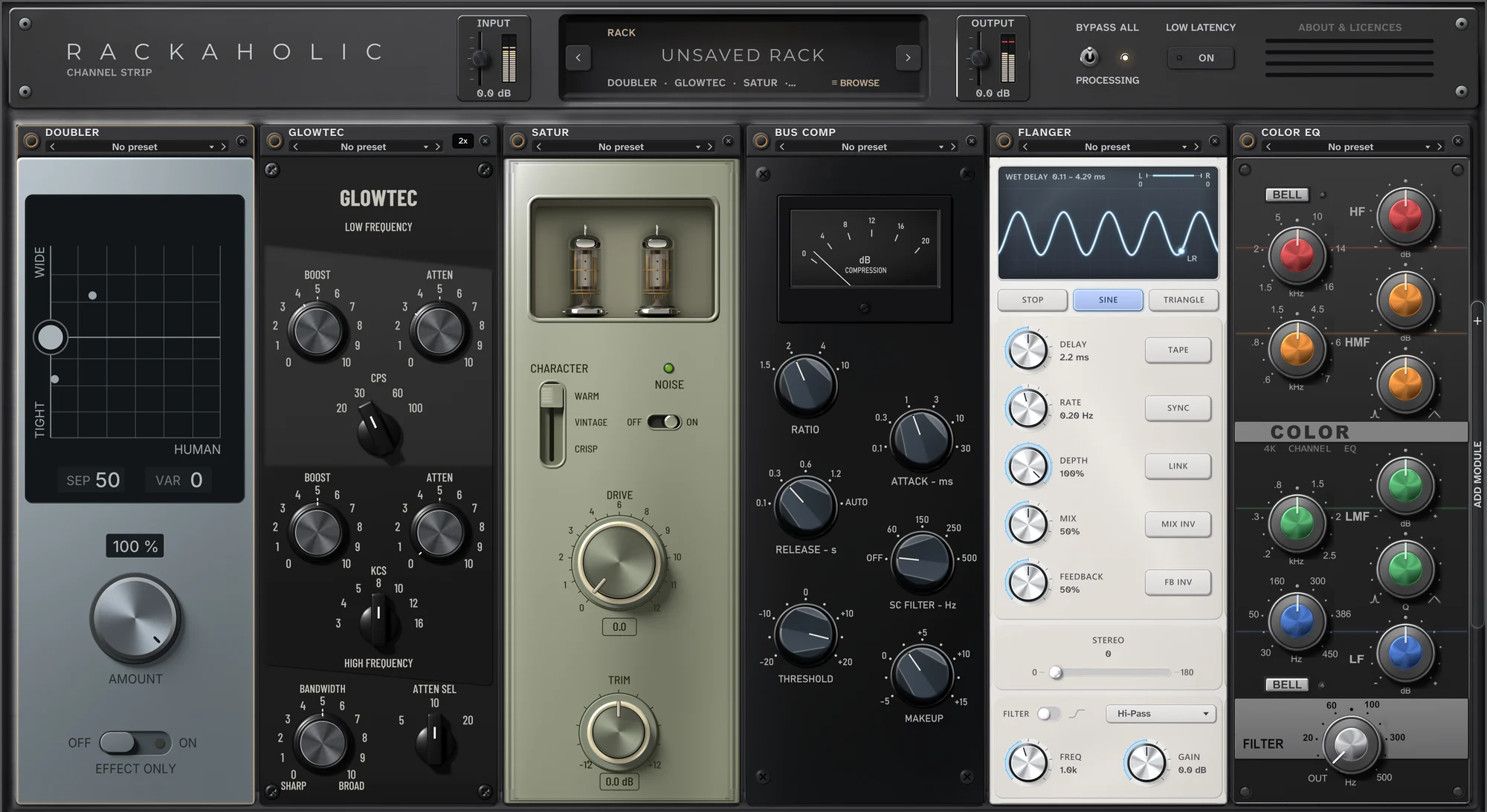 Doubler, Glowtec, Satur, Bus Comp, Flanger and Color EQ