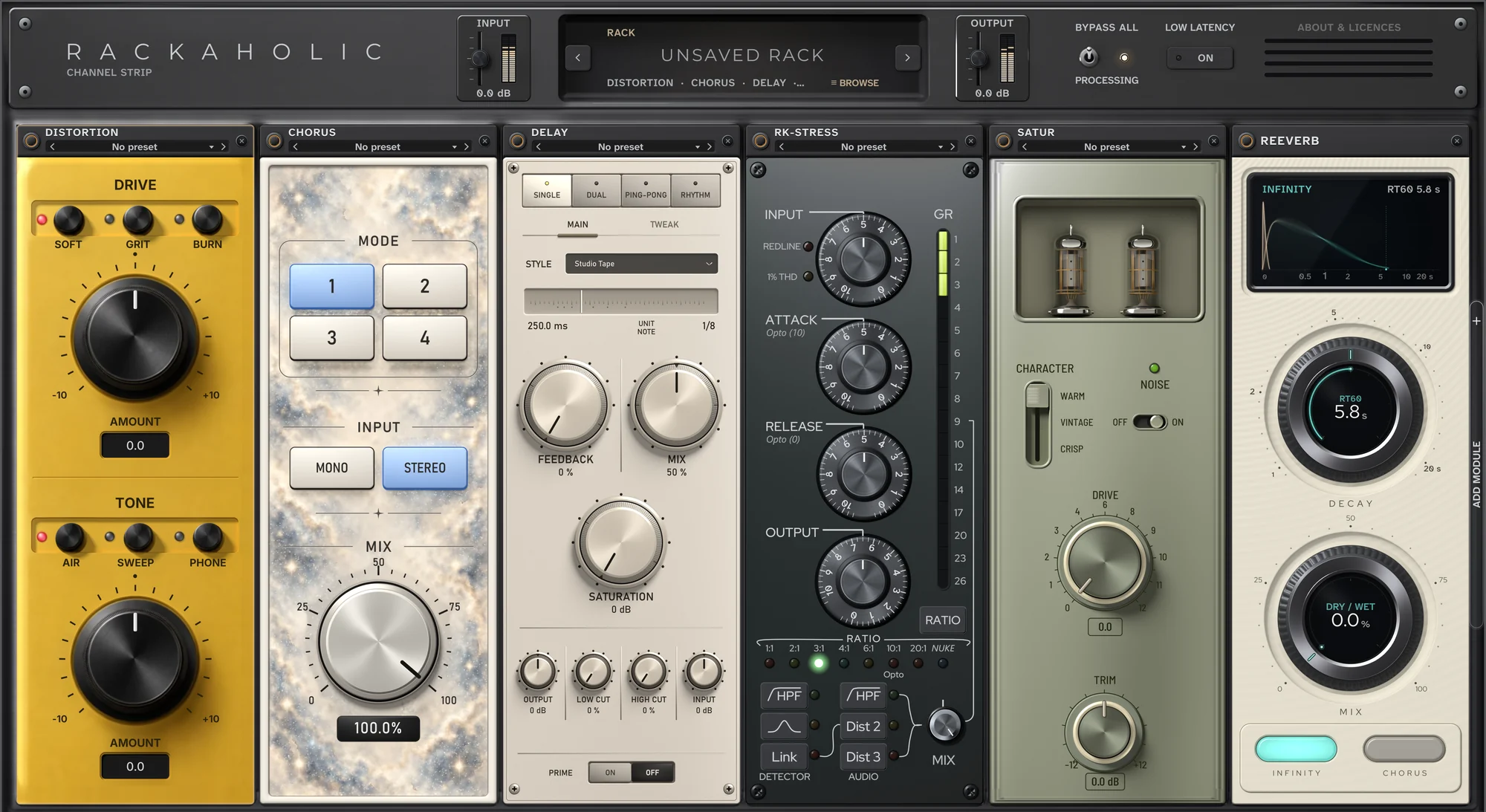 The Rackaholic interface: a rack of six modules — Distortion, Chorus, Delay, RK-Stress, Satur and Reeverb — under the header with input and output faders, the rack preset display and the Bypass All and Low Latency switches.