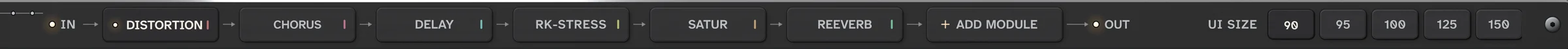 The rack's footer: the signal chain as keys you can drag, and the UI size buttons.